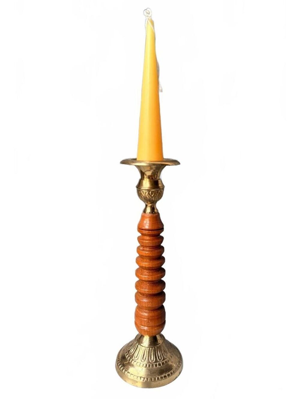 Vintage Turned Wood Brass Candlestick Holder Scandinavian Mid Century Decor - Picture 3 of 6